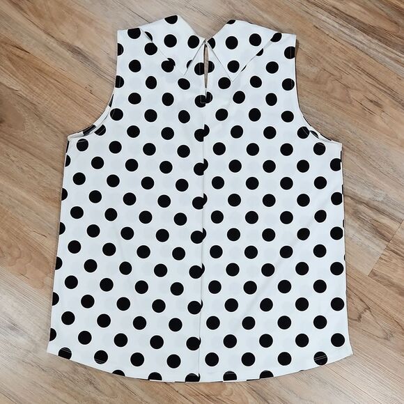 🔺️Ann Taylor White w/Black Polka Dot Cowl Neck Sleeveless Top Large - Picture 2 of 9